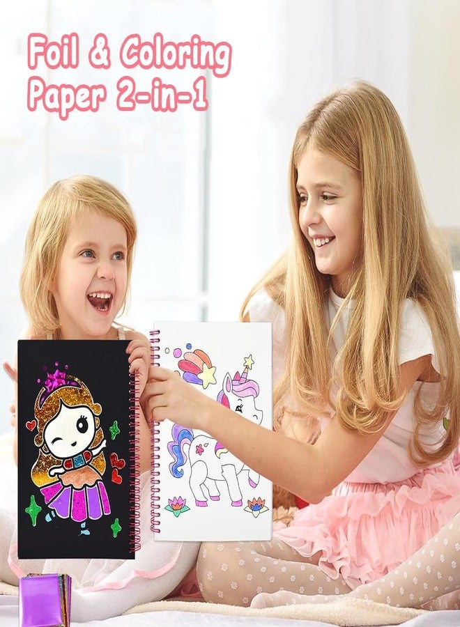 Patpat كتاب تلوين باتبات® للأميرات للأطفال، طقم حرف يدوية 2 في 1 ذو وجهين من رقائق معدنية، يحتوي على 16 نمطًا كرتونيًا، و80 ورقة لامعة ملونة، وعصا خدش وقلم تلوين، مناسب كهدية للفتيات - Image 5